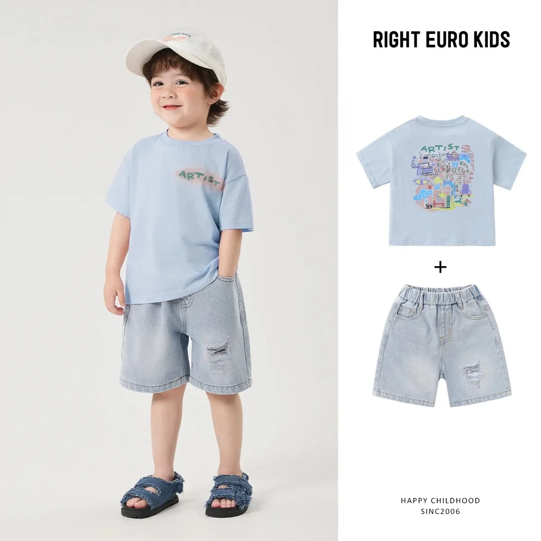 “升级面料"儿童痞帅套装男童休闲短袖时尚牛仔短裤凉感夏UZN100