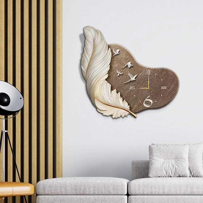 羽毛带时钟钟表轻奢高档2024新款组合挂钟客厅餐桌卧室挂画装饰画