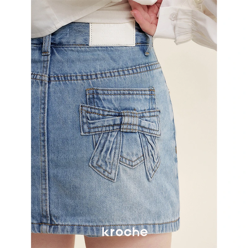 Kroche 25ss Blokette 蝴蝶结贴布绣 牛仔A字半身裙