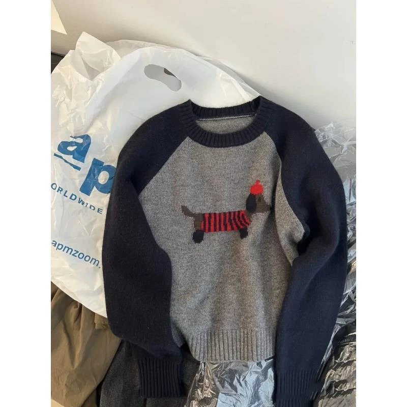 【插肩腊肠狗】撞色小个子圆领秋冬新款针织套头毛衣女