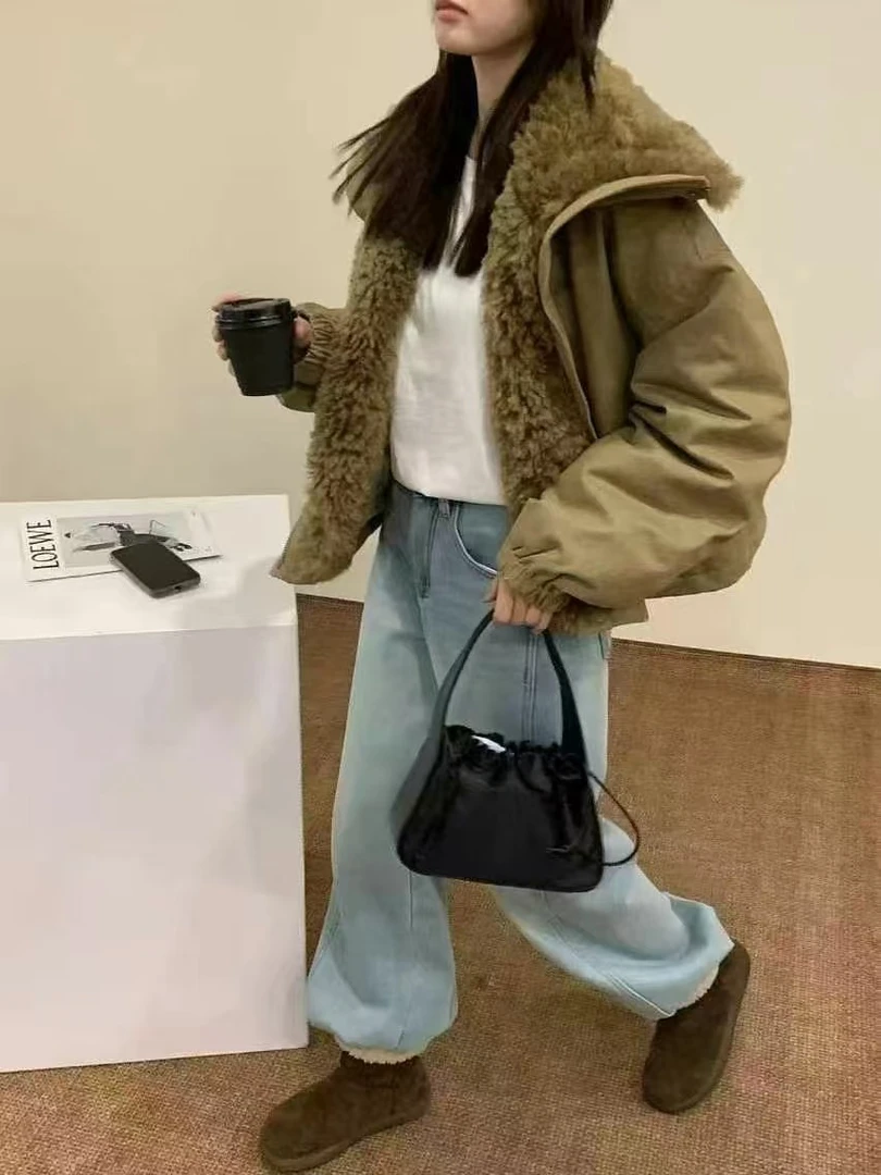 三色翻领羽绒服外套7305