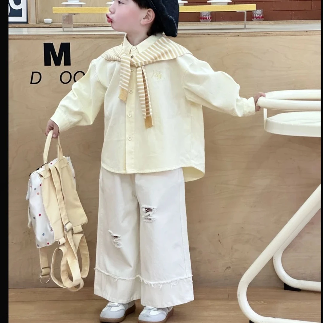2025多巴胺套装春季儿童韩版男宝披肩衬衫加破洞洋气棉布阔腿裤潮