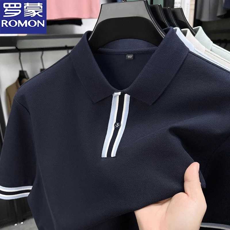 罗蒙潮流短袖t恤宽松棉质条纹撞色纯色半袖POLO衫夏季新款高档潮T