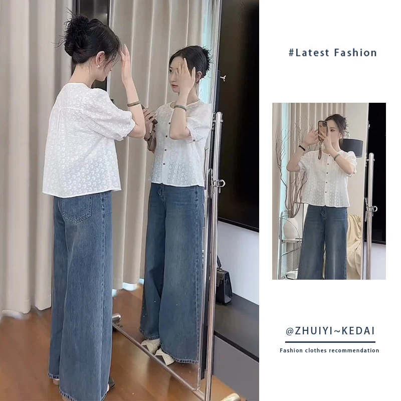 夏日穿搭一整套时尚韩系设计感泡泡短袖衬衫阔腿裤高腰裤两件套女