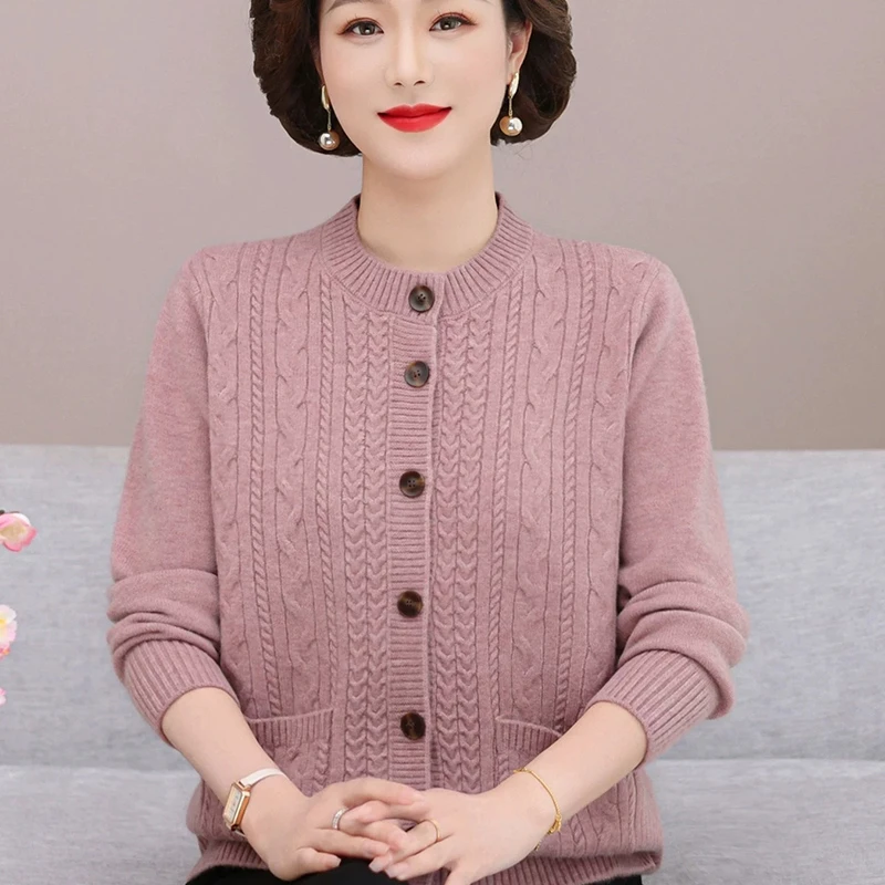 中老年人大码开衫女妈妈冬装短款外套婆婆奶奶春秋季针织纯色上衣