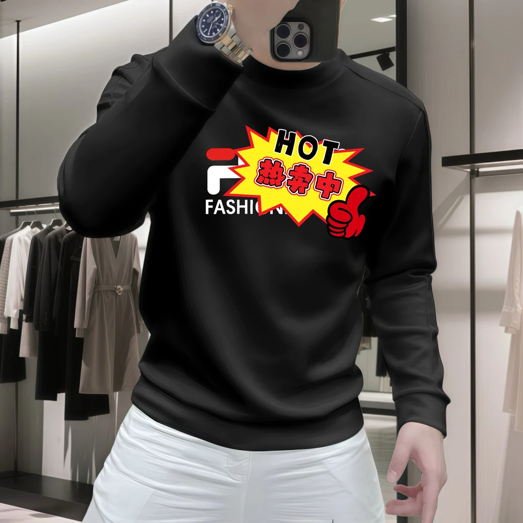 新款加绒加厚秋冬季男士卫衣圆领印花潮流百搭长袖上衣
