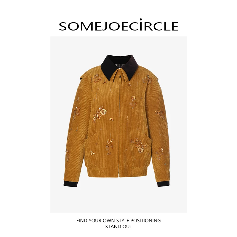 SOMEJOECIRCLE【外套】25新款姜黄色撞色领灯蕊绒外套夹克上衣Z8081