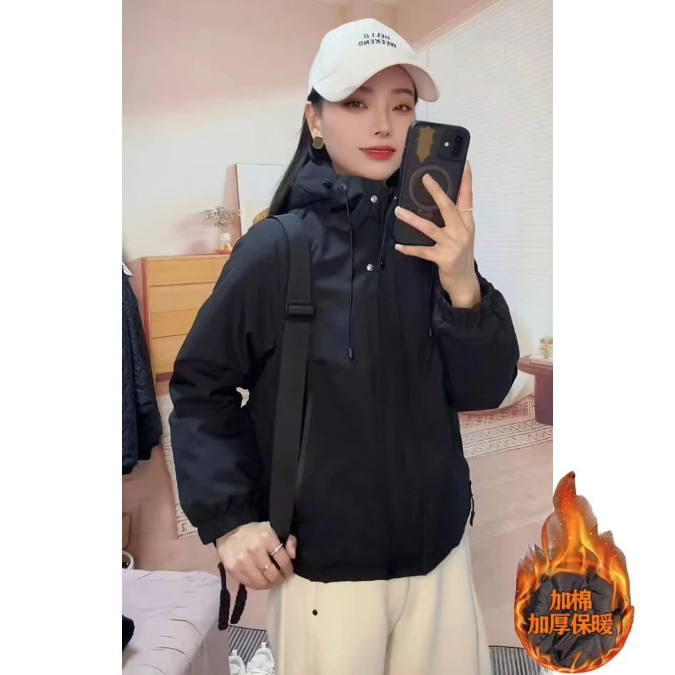 加棉加厚冲锋衣外套女2025秋冬季新款连帽短外套韩版运动夹克上衣