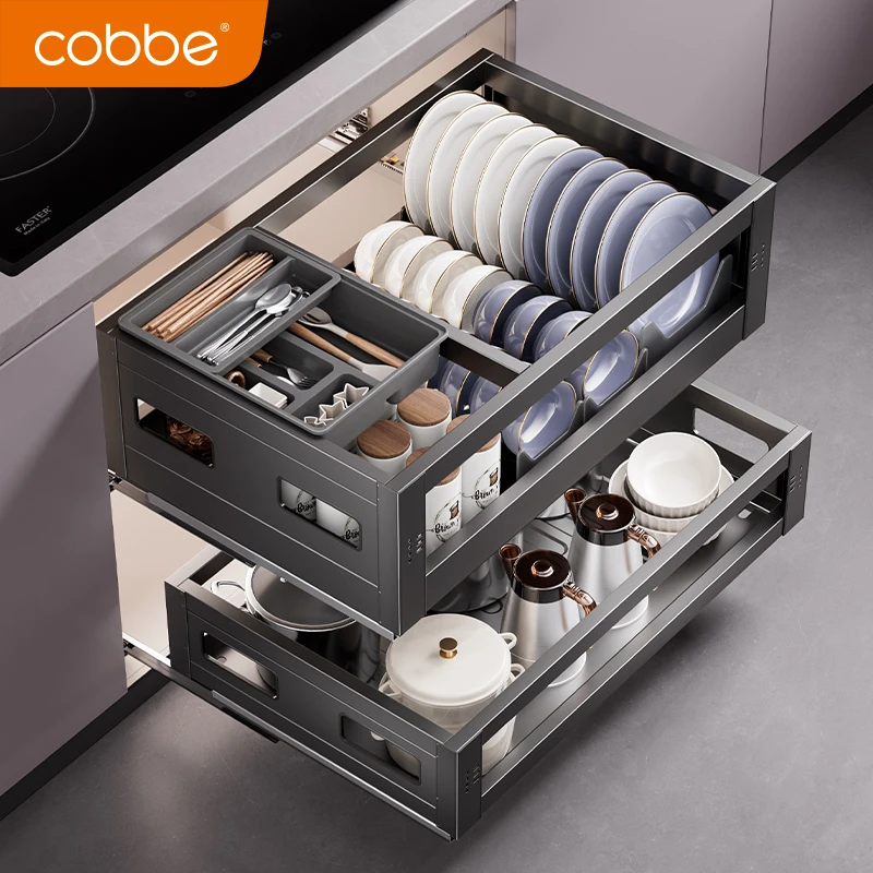 卡贝不锈钢拉篮抽屉式碗篮厨房双层调味拉蓝抽屉式橱柜置物架拉篮