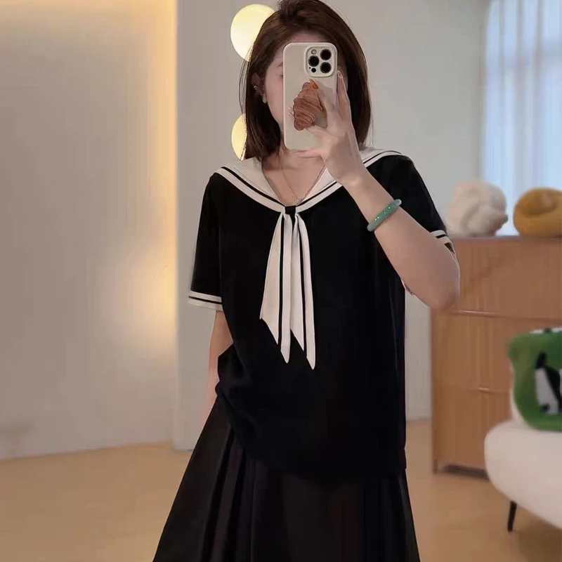 海军领黑色正肩短袖t恤女大码夏季胖mm巨遮肚子别致冰丝针织上衣