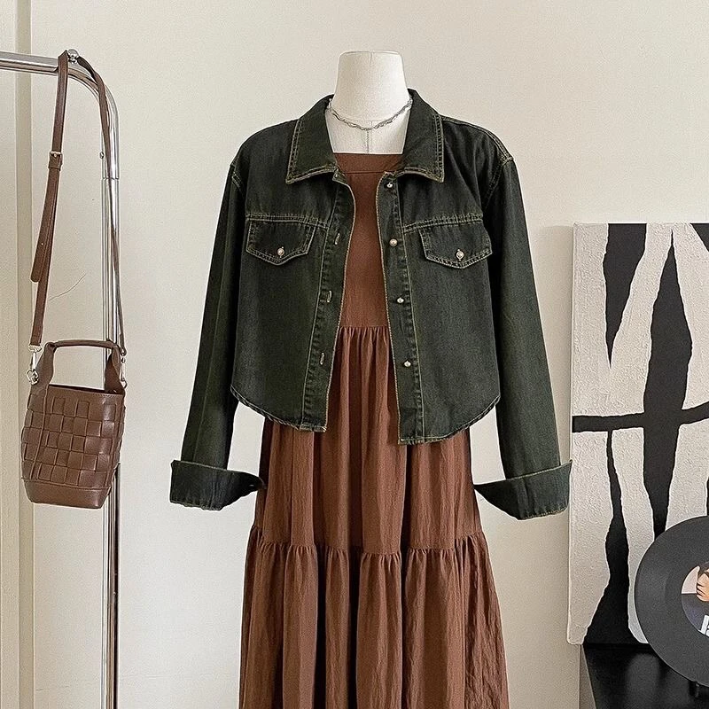 2025韩版复古牛仔外套女新款法式高级感小众吊带连衣裙两件套