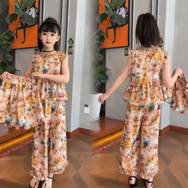 【3D卡通三件套】女童夏季套装2025新款洋气无袖上衣阔腿裤中大童潮