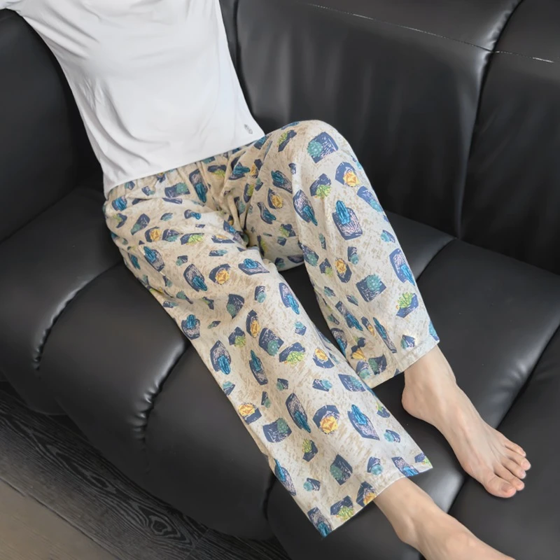 PLANDOO/帕兰朵印花薄款棉绸睡裤夏碎花宽松家居九分可外穿休闲裤