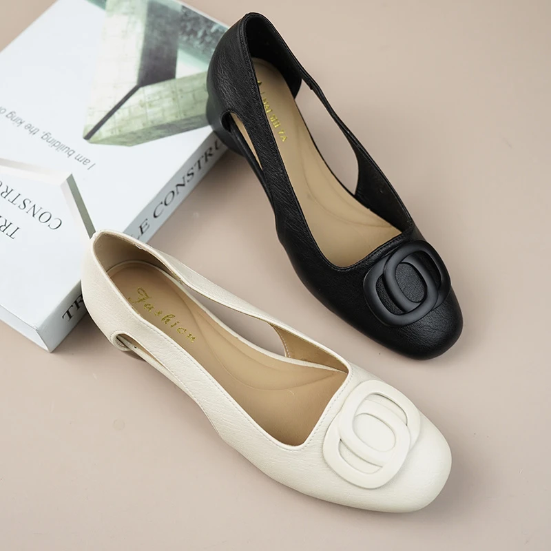 真皮牛皮夏季新款方扣镂空凉鞋百搭粗跟通勤小皮鞋3321