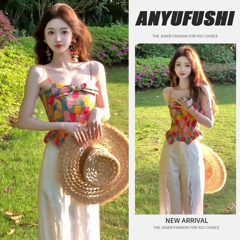 夏季搭配一整套2025新款时尚甜美性感碎花吊带上衣蕾丝裤子两件套