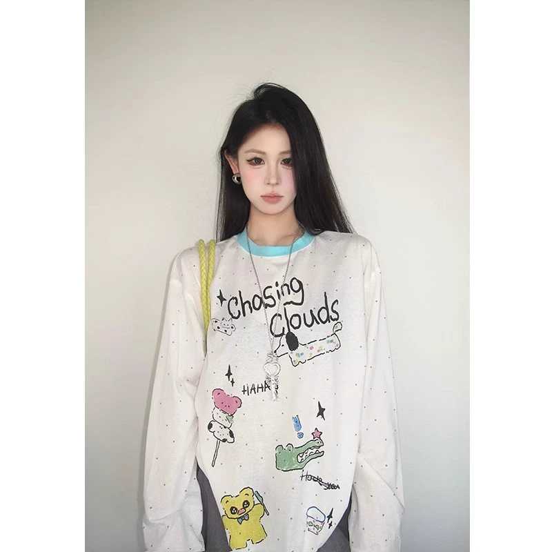 慵懒风波点卡通印花长袖T恤女夏季新款宽松显瘦薄款防晒罩衫上衣N