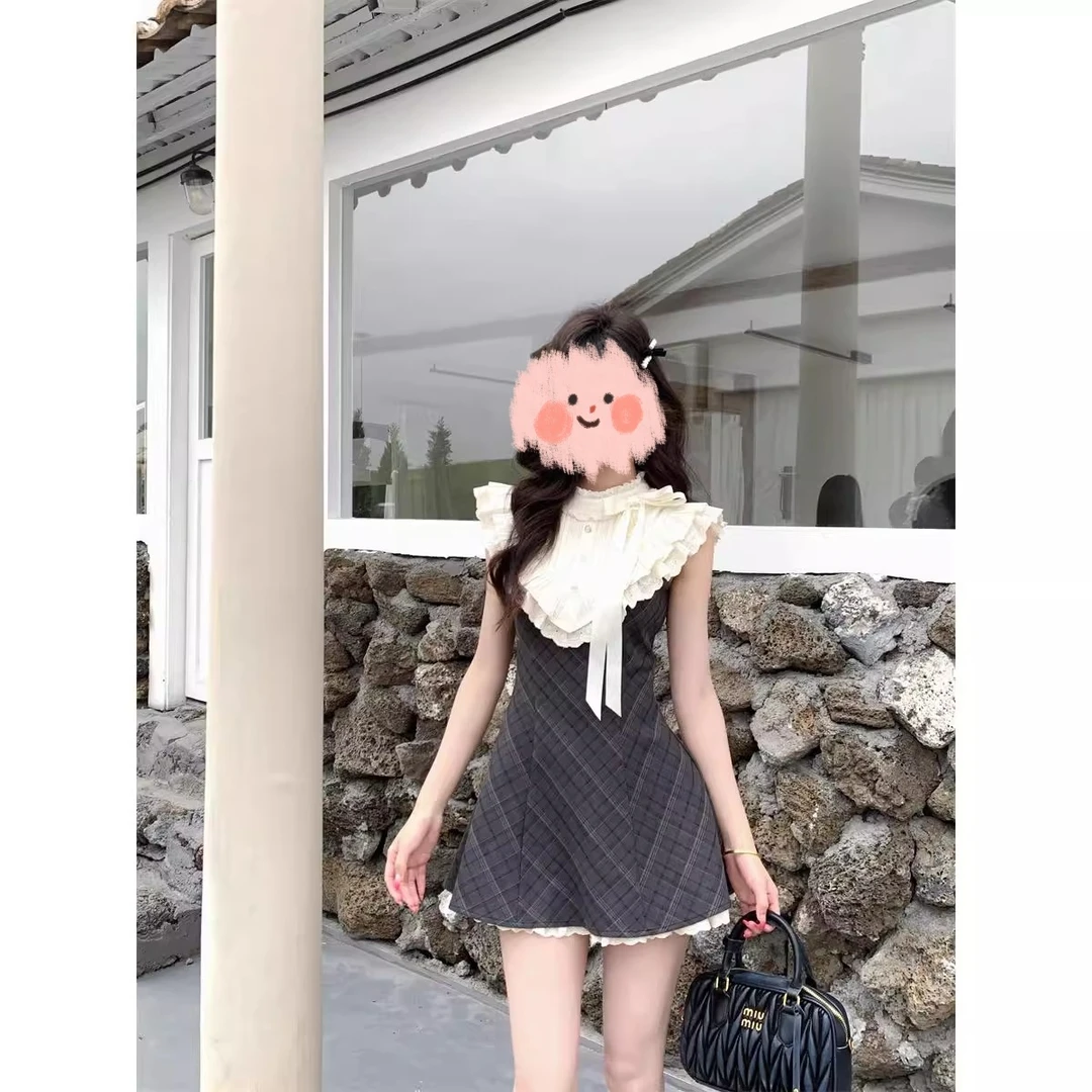 尤莉少女 法式复古格纹连衣裙蕾丝拼接千金感无袖短裙