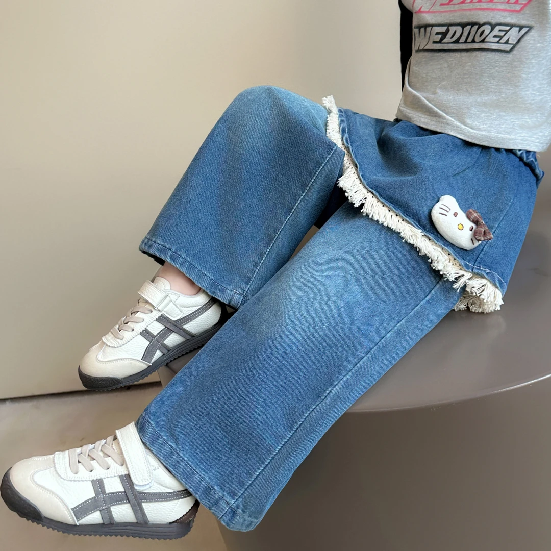 女童直筒牛仔裤2025新款女宝宝春秋季时髦kt猫流苏裤子儿童屁帘裤