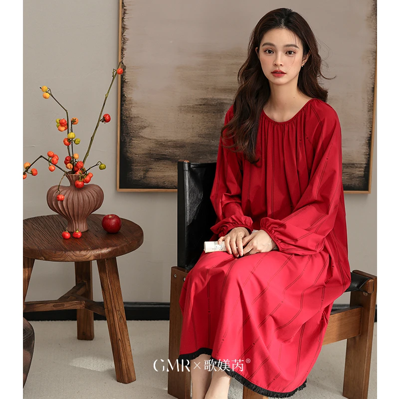 睡裙女春秋纯棉长袖复古优雅睡衣裙中长款过膝大红色本命年家居服
