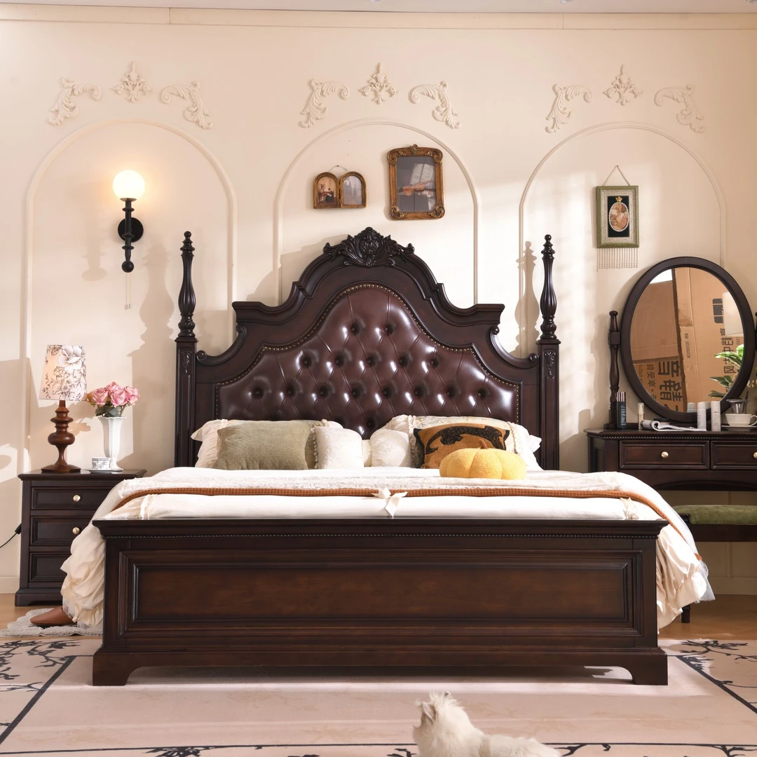 美式实木床法式复古雕花大床欧式轻奢主卧室双人床小木珠公主床