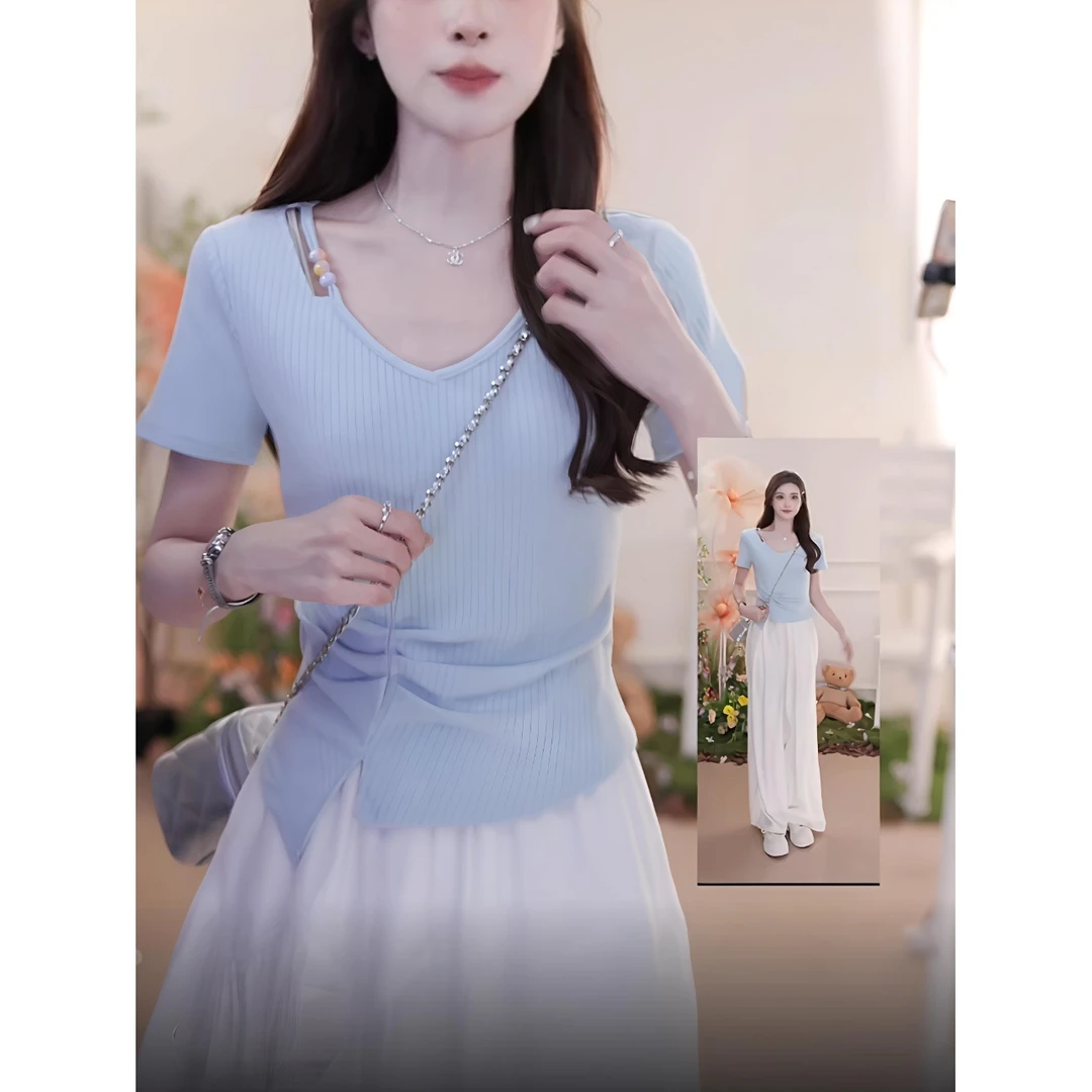 设计感褶皱v领正肩短袖t恤女款夏季气质收腰显瘦时尚百搭打底上衣