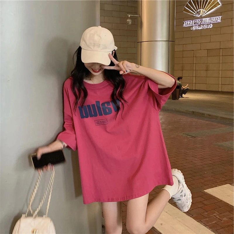 网红玫红色大版宽松短袖t恤女夏季2025新款港风中长款纯棉上衣潮