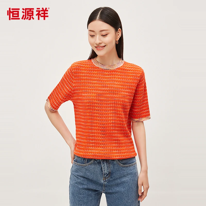 恒源祥薄款圆领细条纹短袖羊毛衫女春季直筒波浪提花毛衣针织衫