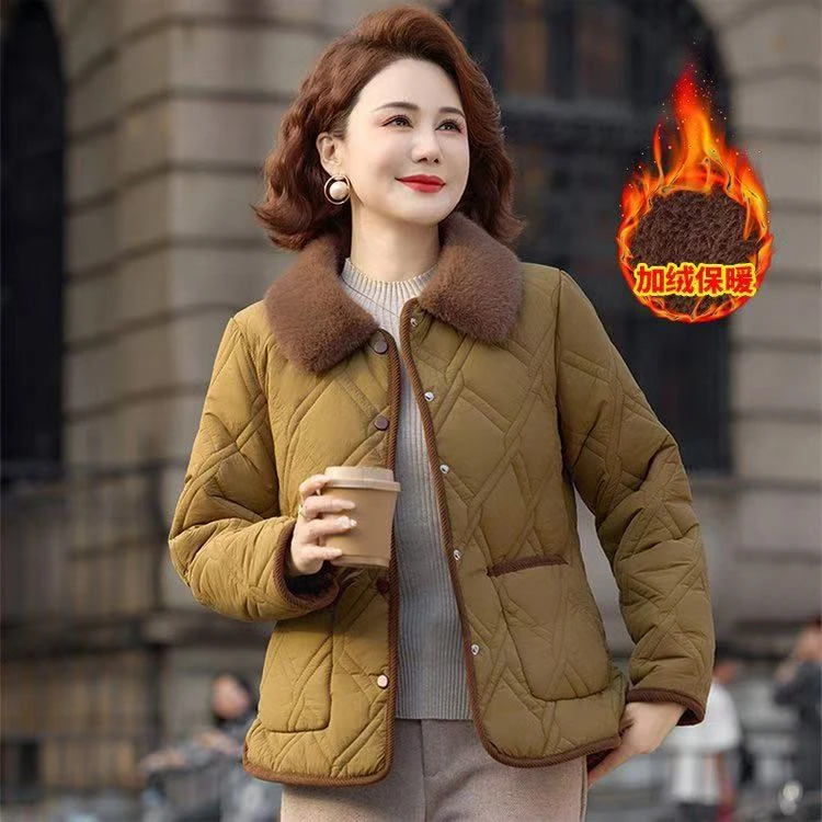 妈妈冬装新款加绒加厚棉衣保暖棉袄中老年女洋气短款翻领棉服外套