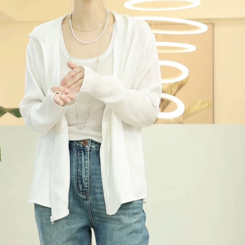 真丝弹力缎连帽抽绳衬衫外套 女夏 腰部抽绳休闲百搭空调房薄外披