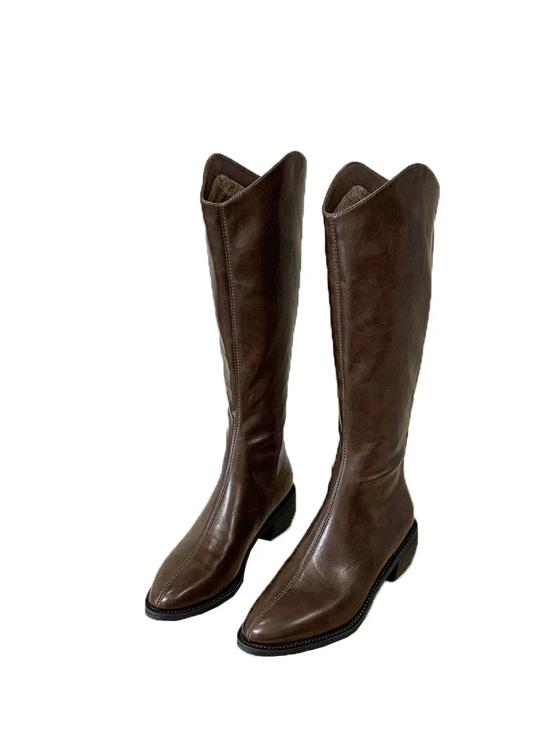 高跟长靴西部牛仔靴25秋冬新款粗跟V口不过膝高筒靴尖头瘦瘦靴