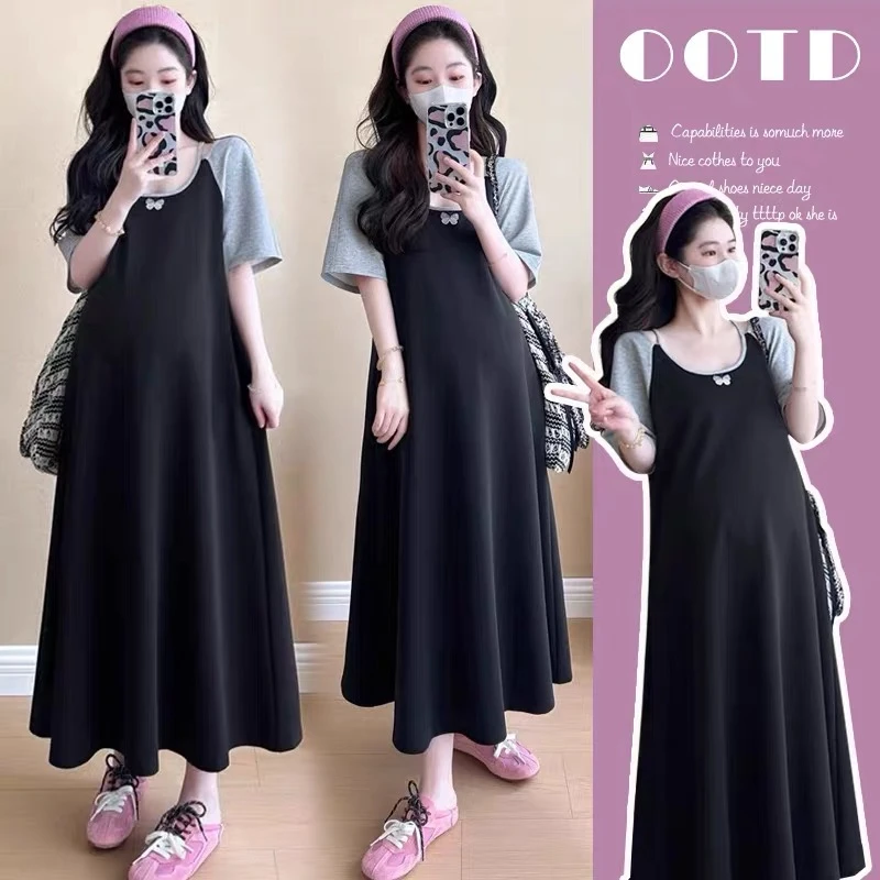 孕妇夏季连衣裙2025新款时尚休闲宽松假两件拼接长裙夏款孕妇裙子