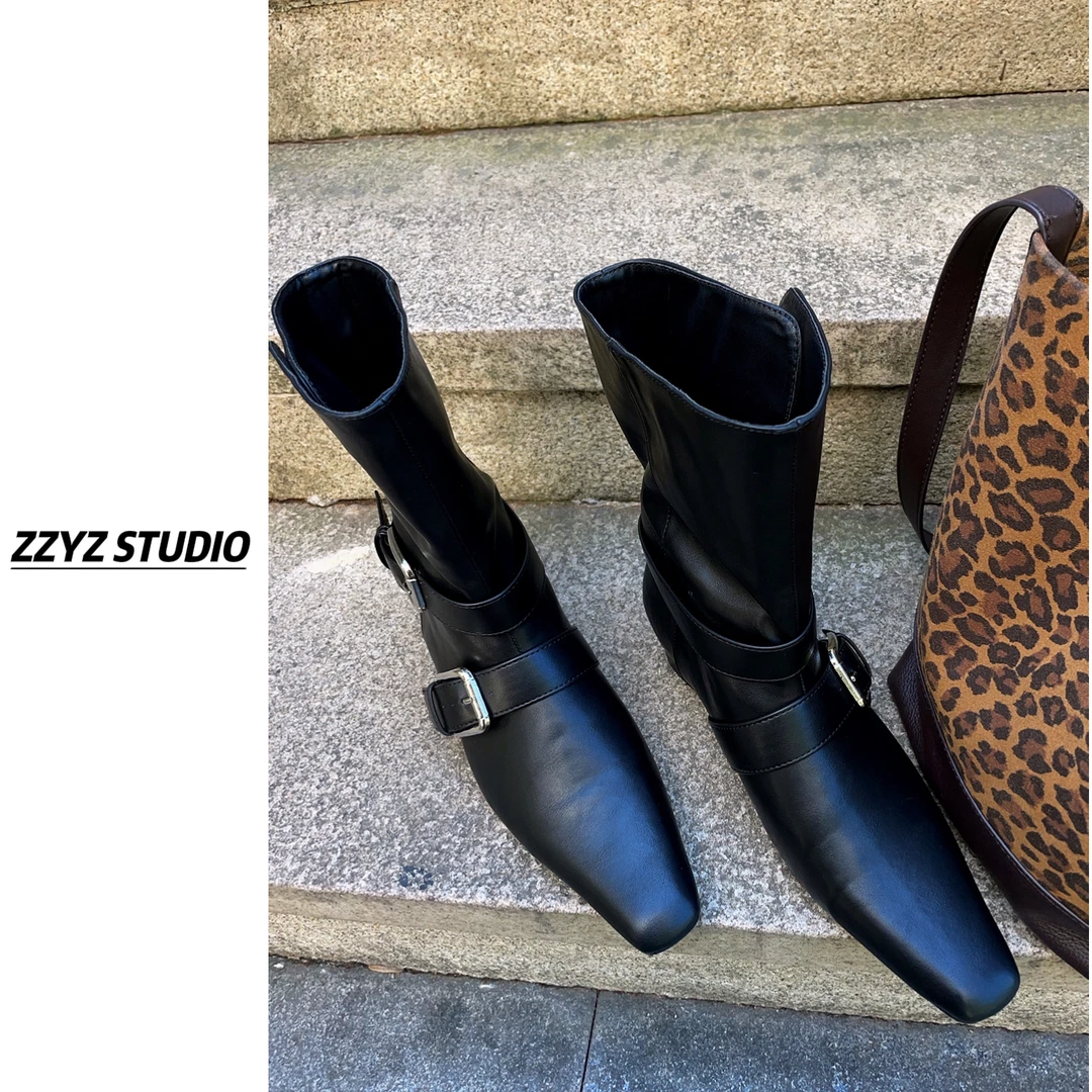 【ZZYZ】小众设计复古粗跟法式短靴百搭韩版小方头西部中筒靴子