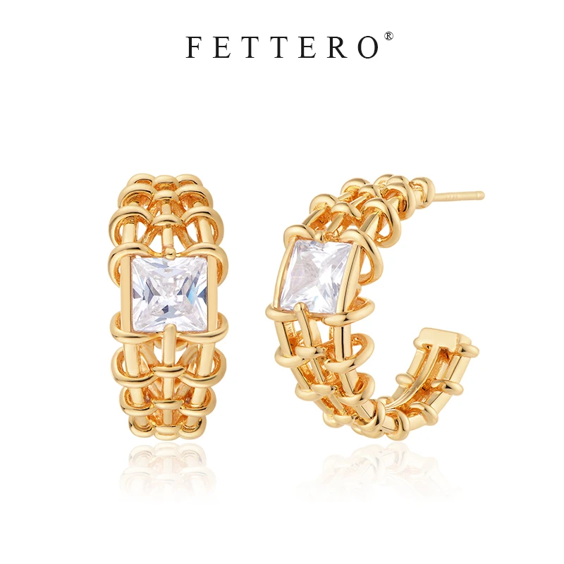 fettero 铜合金耳饰 【封口编绳镶方锆耳钉】轻奢气质小众欧美百搭