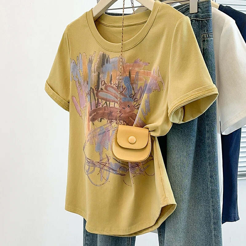 夏季大码女装时尚百搭涂鸦印花正肩短袖体t恤微胖mm显瘦遮肚上衣