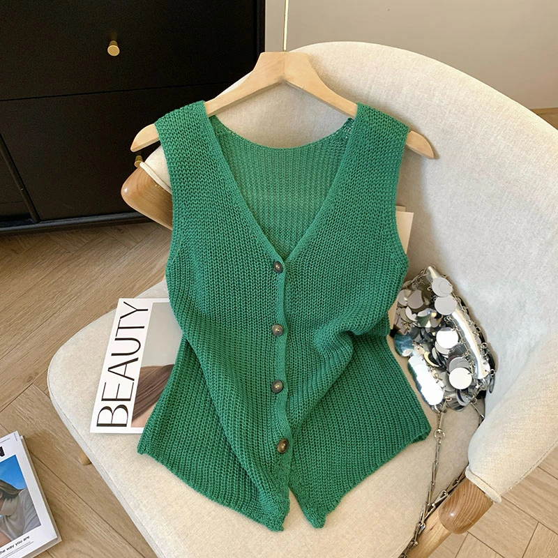 v领红色针织马甲背心女2025夏季款高级感马夹开衫法式无袖小上衣