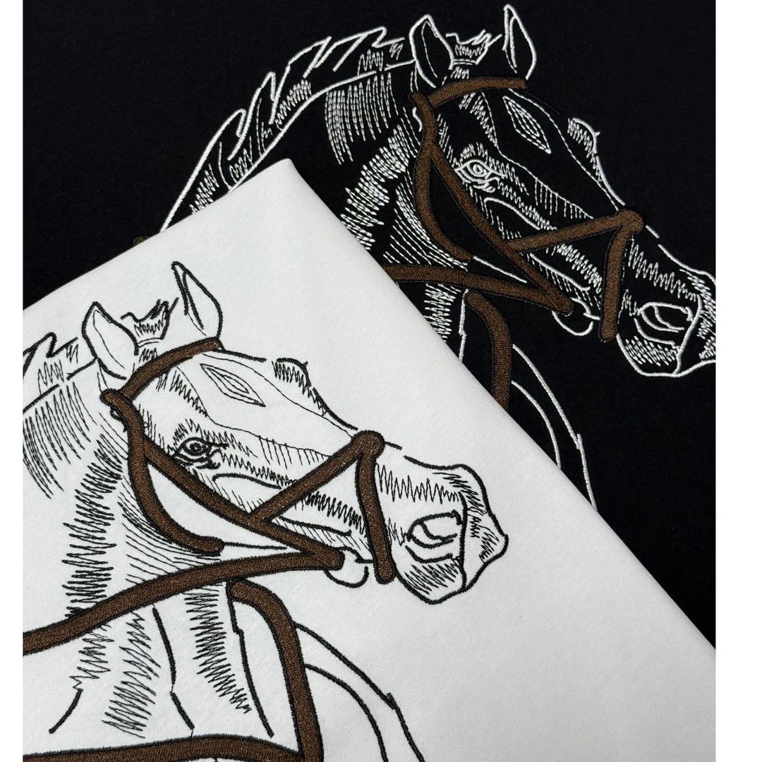 2025夏季新款马到成功重磅刺绣麻棉男女同款时尚圆领短袖