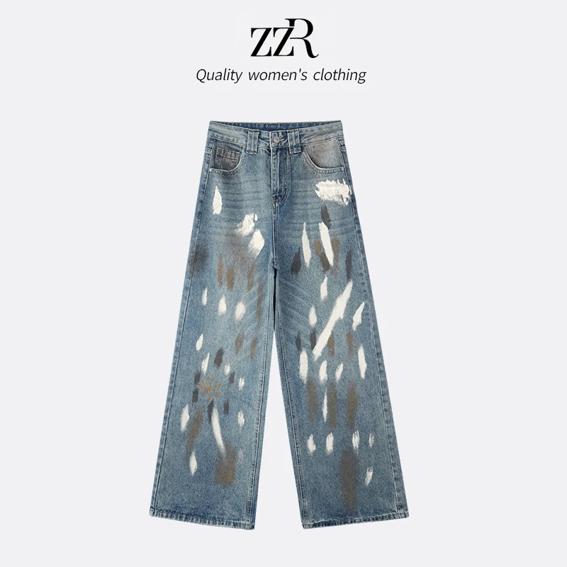 ZZR时尚复古涂鸦慵懒牛仔裤女新款直筒阔腿裤个性脏脏裤