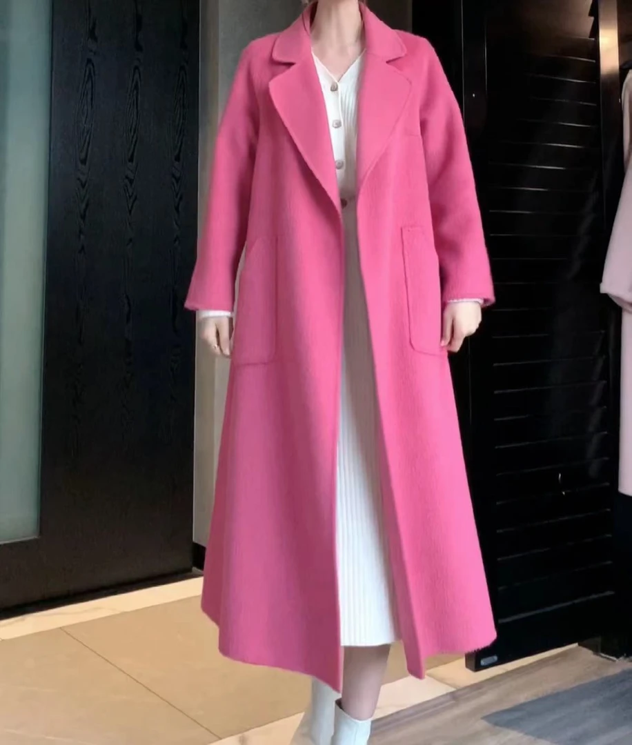 新加厚胭脂粉羊毛大衣外套长毛高领2024新款冬季双面羊毛女韩版