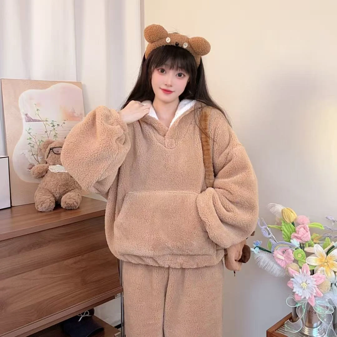 2025秋冬加绒特厚款加厚显瘦简约可爱泡泡绒睡衣系带连帽松紧保暖