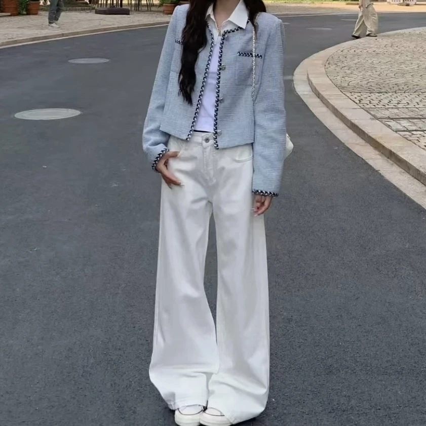 （莉莉家）胖mm大码女装小香风外套时尚减龄套装白色牛仔裤两件套