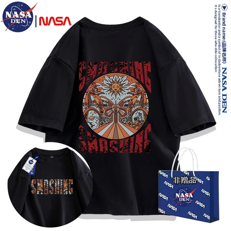 NASA联名百搭学院风印花重磅纯棉T恤半袖慵懒男女款时尚宽松短袖