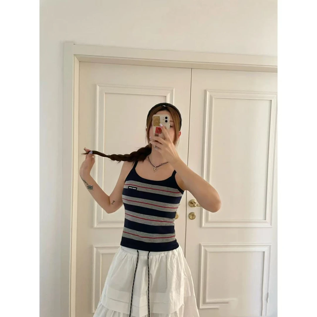 ICCLEK 条纹圆领无袖背心夏季休闲百搭显瘦通勤韩系百搭上衣-5733