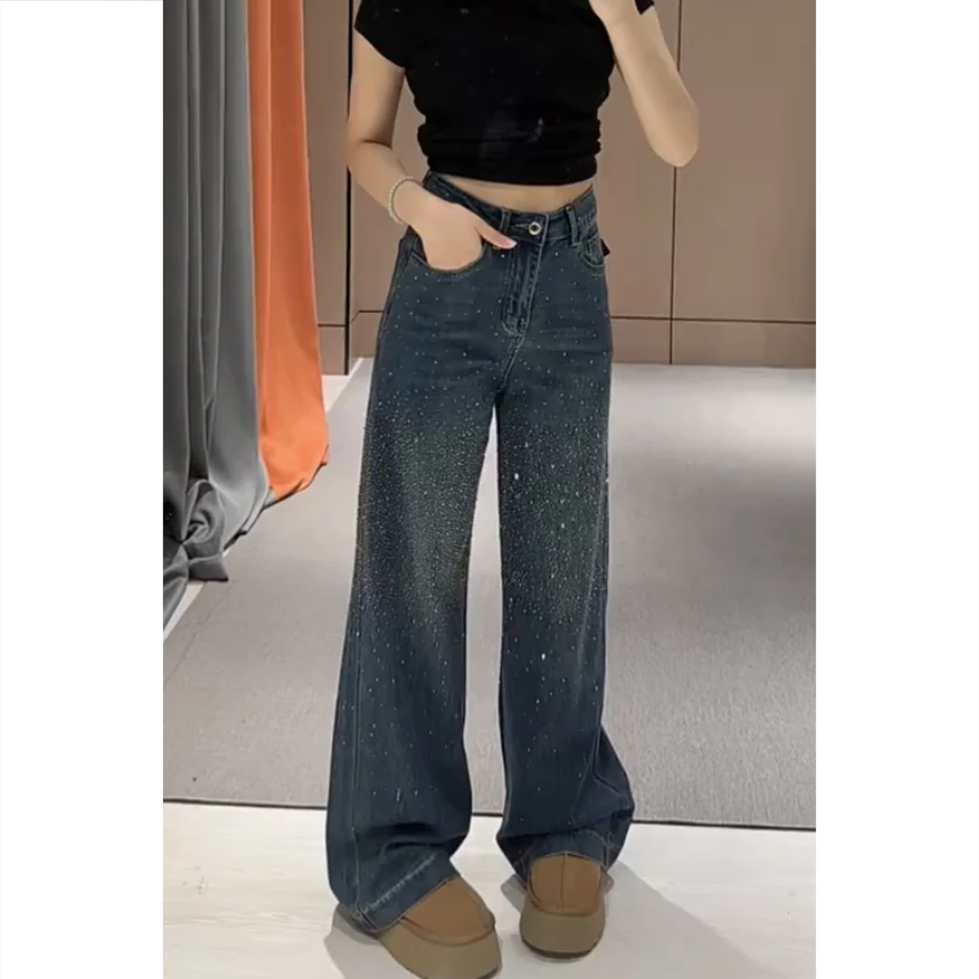 艾塔莉秋季女款时尚牛仔裤烫钻细闪美式阔腿裤宽松显瘦高腰直筒裤