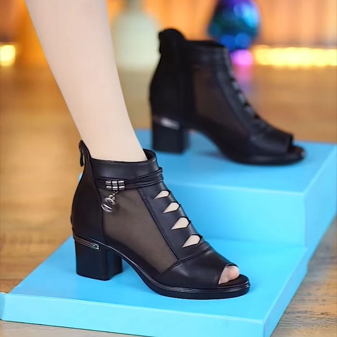 2025春夏季新款粗跟凉靴女百搭中跟粗跟鱼嘴防水台鱼嘴网纱凉鞋女