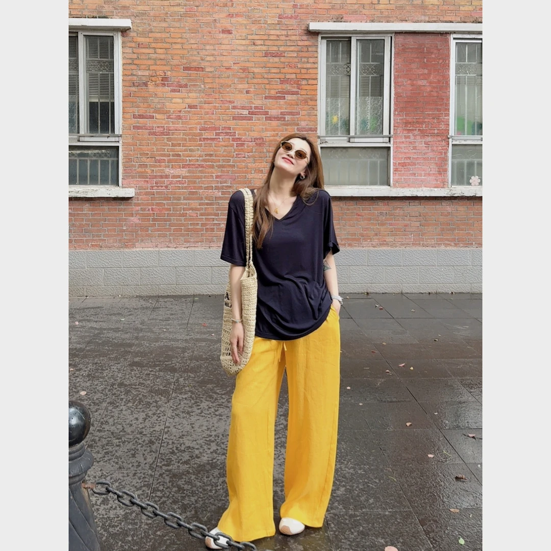 2025夏季新款时尚百搭亚麻高腰显瘦修身阔腿直筒休闲设计感长裤