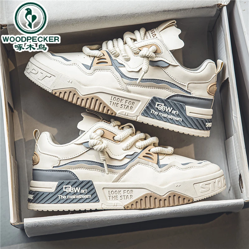【正品】啄木鸟网红爆款男鞋秋季2025新款百搭厚底休闲平板鞋防滑鞋