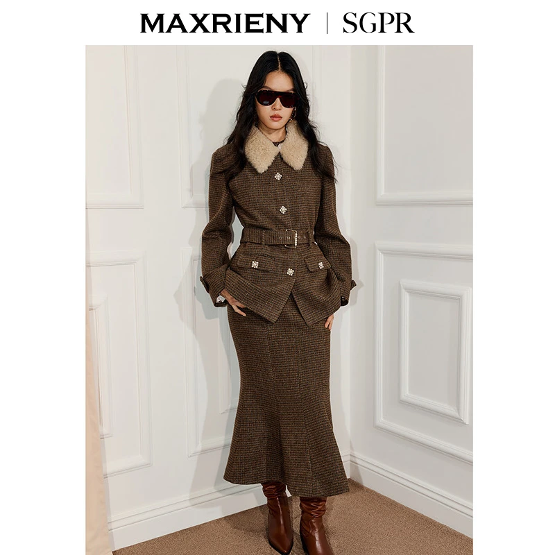 【商场同款】MAXRIENY复古千金格纹羊毛混纺外套25冬款通勤穿搭