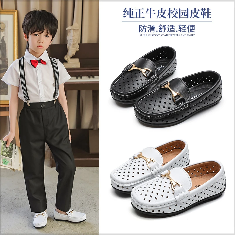 儿童皮鞋豆豆鞋夏季新款真皮镂空男童英伦风宝宝一脚蹬软底演出鞋