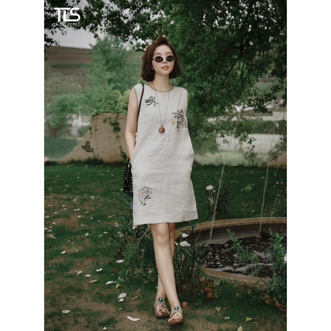 TT【原麻裙】100亚麻重工刺绣背心连衣裙TT-11Q16643