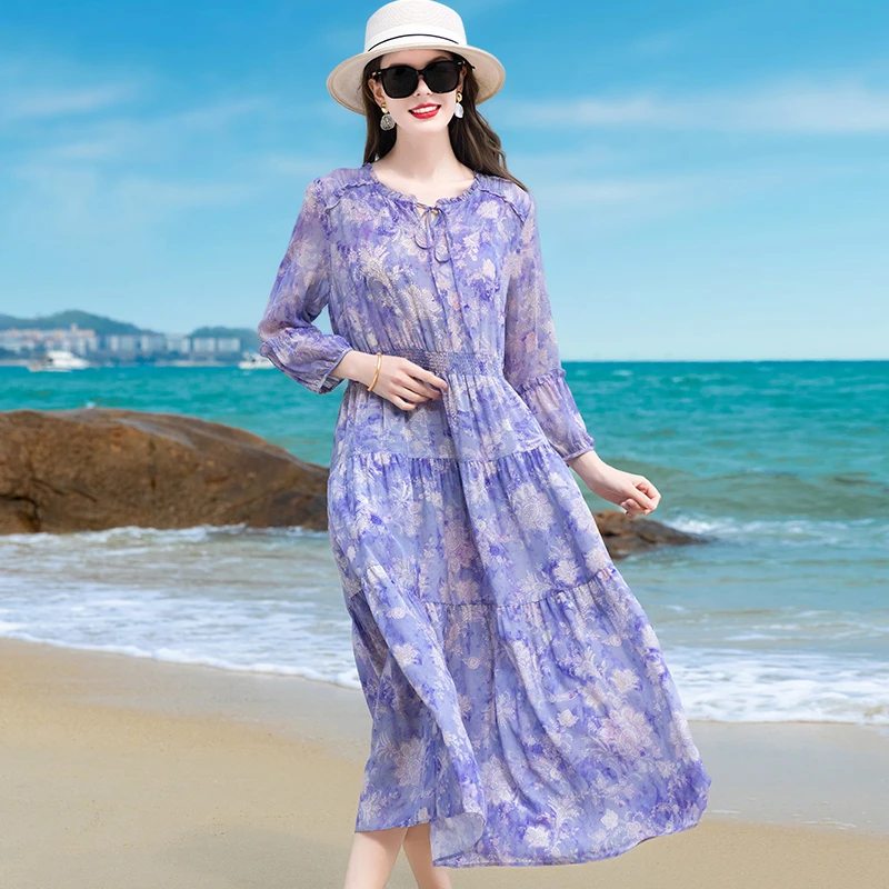 普拉妮2025新款真丝桑蚕丝连衣裙九分袖圆领收腰气碎花长裙-739